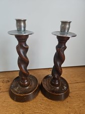 Pair of mid century Wooden Twisted Candlesticks with Metal candle holders 23cms