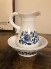 Vintage AVON Small Oil Pourer Jug & Bowl With Blue Floral Pattern Milk Glass