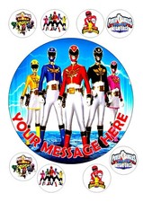POWER RANGERS CAKE TOPPER ROUND EDIBLE ICED ICING 7.5" + 8 CUPCAKE TOPPERS