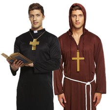 Monk Vicar Mens Fancy Dress Medieval Priest Robe Adults Halloween Costume Outfit