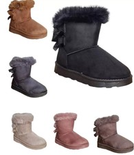 Girls Kids Ankle Bow Fur Lined Boots Ladies Warm Winter Grip Sole Snugg Shoes