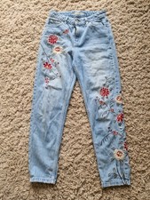 Ladies Blue Denim  Embroidered Floral Mom Jeans Topshop Moto Size W26" L 26" 