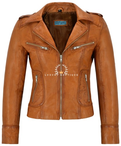 Ladies leather jacket - jacket, tan