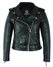 Womens Brando Motorcycle Leather Jacket Black  Ladies Biker Cowhide