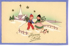 VINTAGE CHRISTMAS POSTCARD TWO DUTCH CHILDREN IN THE SNOW DOG CHURCH MISTLETOE