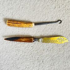 Antique Victorian Bone Handle Shoe Button Hook and Silver Plate Engraved Knife