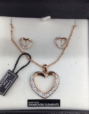 Warren James Swarovski Crystal Rose Gold Tone Heart Necklace & Earrings Set