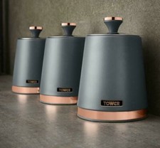 Tower Cavaletto Grey Tea Coffee Sugar Canisters Set of 3 in Grey & Rose Gold