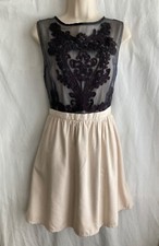 REISS Marcel Dress Size 12 14  Silk Top Layer Beige Black Embroidery *Altered*