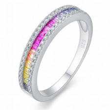 Sterling Silver Half Channel Set Baguette Rainbow Multi-Colour CZ Eternity Ring