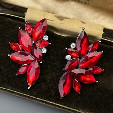 Vintage Style Art Deco Fire Red Navette Glass Crystals Stud Earrings
