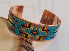 Native American Style Copper Seed Beaded Adjustable Bracelet Cuff Blue Feather