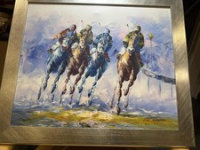 Vintage Painting Racetrack Horse Race Oil on Canvas Signed Framed Large R Poltet