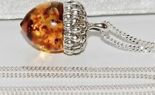 Sterling Silver (925) REAL AMBER Acorn Drop Pendant / Necklace - Choice of Chain