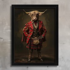 Vintage Portrait Highland Cow In A Scottish Kilt Cow Wall Art Cow Print Cow Gift