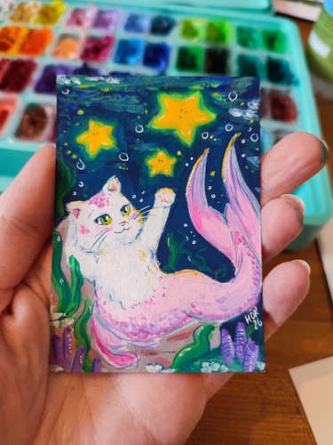 Aceo print mermaid cat - print, by