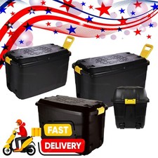 145L or 110L XL Heavy Duty Black Plastic Storage Trunk With Lid, Wheels & Handle