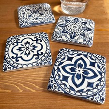 Blue Tiles Ceramic Coaster Set Of 4 Square Mediterran Mosaic Assorted Drinks Mat