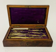 Antique Technical Mathematical Drawing Instruments Set Geometry in Rosewood Box