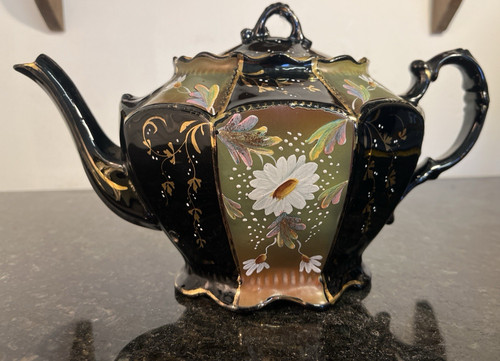 Victorian black glazed teapot - black,
