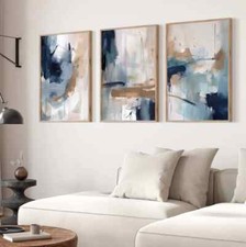 Abstract Print Set Of 3  Navy Blue Modern Wall Art Picture Home