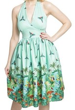 Lindy Bop Misty Teal Tiki Hawaiian Hula Halterneck Dress Size 14 NEW