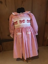 LONG SLEEVED RED & WHITE STRIPED HAND MADE SMOCKED DRESS AGE 3 - 4 Years.