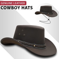 Mens Women's Real Leather Cowboy Aussie Style Australian Western Crazy Horse Hat