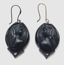 Victorian Early Whitby Jet Chunky Hand Carved Greek Myth Cameo Drop Earrings