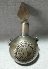 Antique Middle Eastern Perfume Flask Handcrafted Metal Attar Bottle w/ Chain