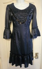 Navy Satin Feel Dress Size 8 Fits 10 Embellished Beaded Elegant Evening Cocktail