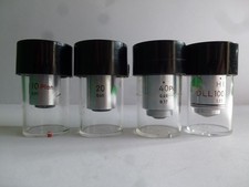 NIKON MICROSCOPE OBJECTIVES + lens pots : x10, x20, x40 and x100    (ref 217)