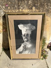 Large Framed Charcoal Mixed Media Picture Of A Chef Holding A White Rose Signed