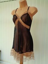 J67 SHEER BLACK CHIFFON CREAM LACE BABYDOLL NIGHTIE SLIP CHEMISE M 10 12 14
