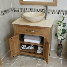 Bathroom Vanity Unit Oak Modern Cabinet Wash Stand Cream Marble Top & Basin 502
