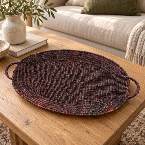 Vintage oval woven wicker tray - vintage,