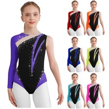 UK Kids Girls Gymnastics Dance Performance Costume Shiny Rhinestones Leotard