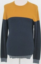M&S Men's Jumper Mustard Yellow Blue Colourblock Cotton Blend Crew Neck NWOT F1