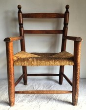 Vintage French Handmade Wooden Child’s Chair With Woven Rush Seat.