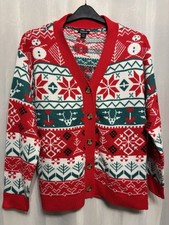 @68 Boohoo Sz 18 Red Green Festive Knit Grandad Xmas Cardigan button up 