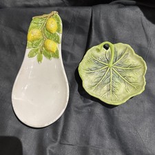 Italian Majolica Spoon Rest & cabbage Dish Vintage Hand Painted Ceramic 