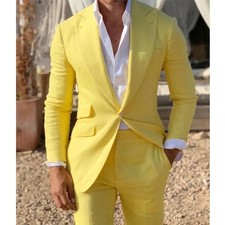 Yellow Fashion Mens Suits Wedding Tuxedo Peak Lapel Bespoke One Button Workwear