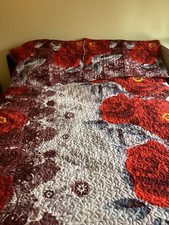 Double Quilted Bedspread /Throw & 2 pillow shams 88 x 72 inch roses floral  red