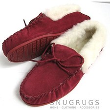 LADIES GENUINE SHEEPSKIN MOCCASIN SLIPPER HARD SOLE WOOL CUFF DARK PINK