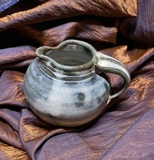 Handmade Jug Boho Blue Tan Dipped Ombre Stoneware Pottery  Vase Signed 3.5” Tall