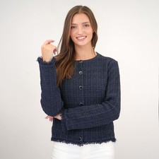 Womens M&S Button Up Cardigan Navy Fringe Crew Neck Textured Tasselled Smart