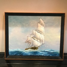 Vintage oil painting on canvas Sail Ship Boat seascape by M Grant Framed sailing