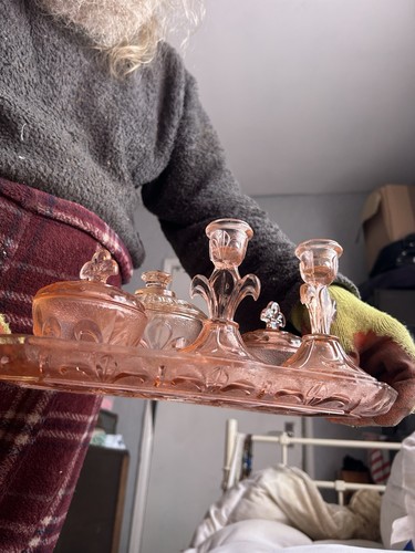 Pink glass dressing table set - pink,