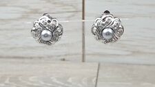 Vintage Ciro Silvertone Flower Rhinestone Faux Pearl Clip on Earrings