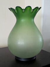 Vintage Handmade Frosted Green Glass Scalloped Edge Vase Art Glass Sherekat Lrg 